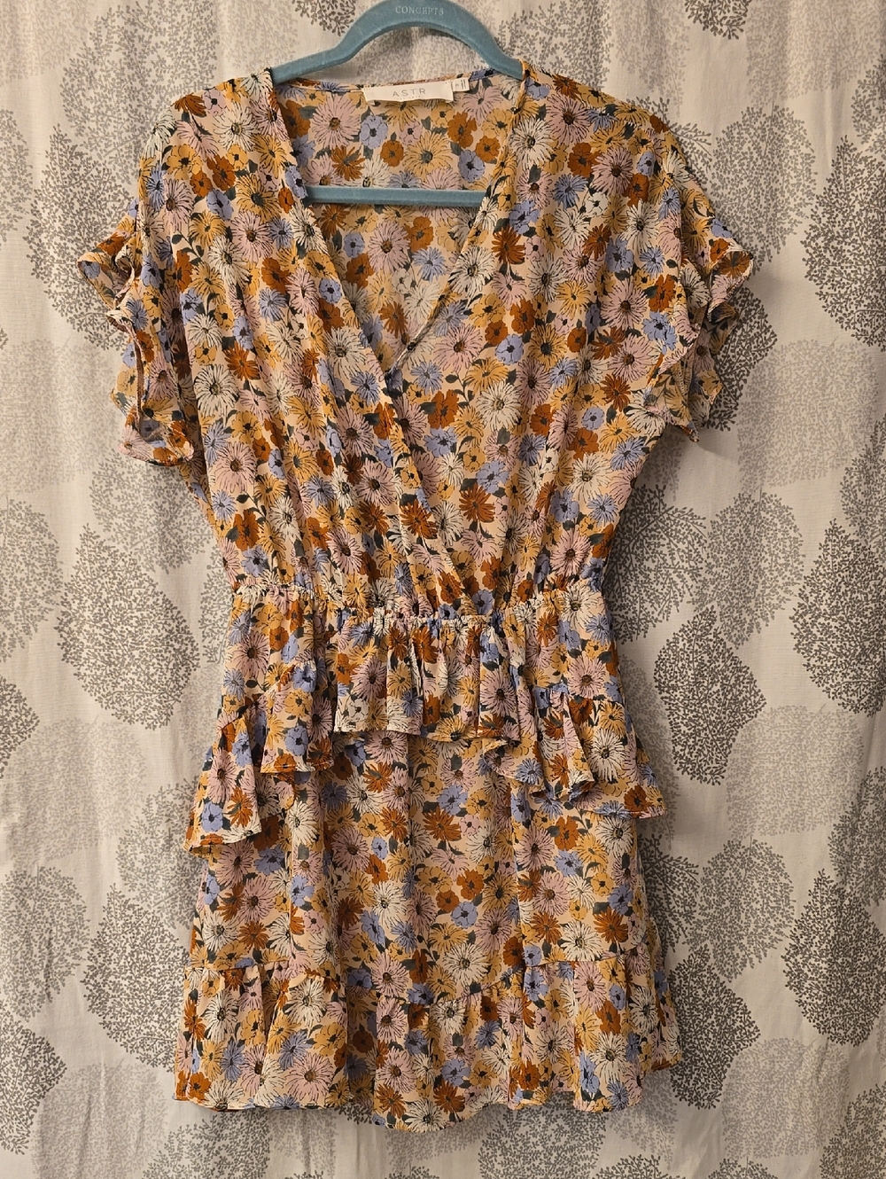 Astr Floral Wrap Mini Dress in Mustard, Lavender and Cream